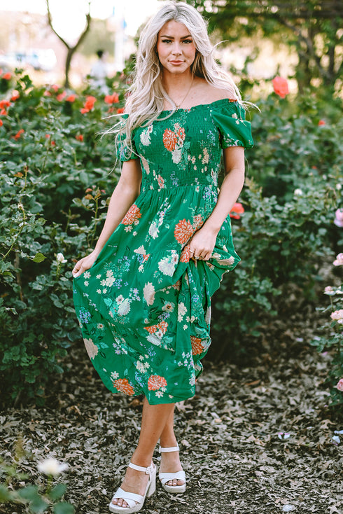 Floral Smocked Bodice Puff Sleeve Tiered Midi Dress