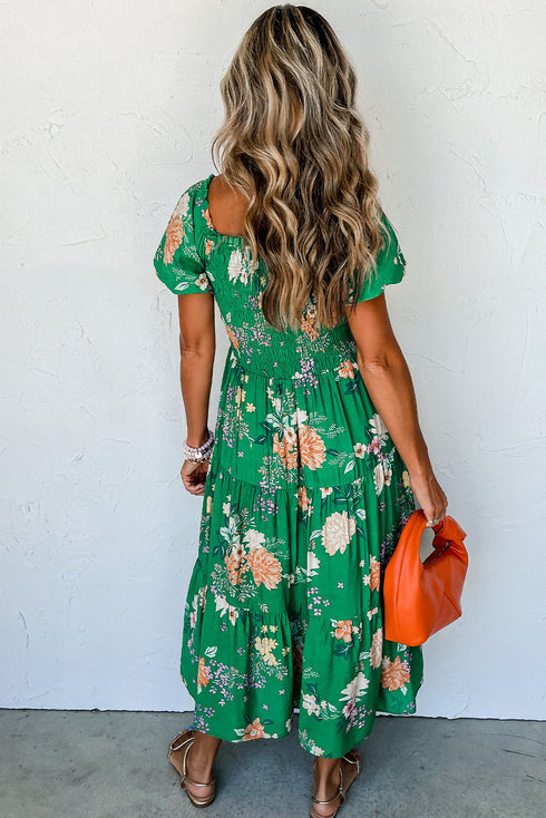 Floral Smocked Bodice Puff Sleeve Tiered Midi Dress
