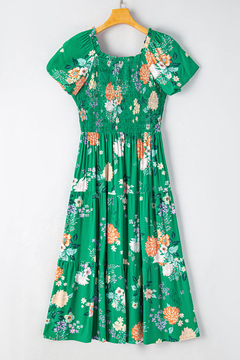 Floral Smocked Bodice Puff Sleeve Tiered Midi Dress