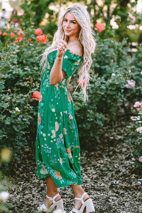 Floral Smocked Bodice Puff Sleeve Tiered Midi Dress