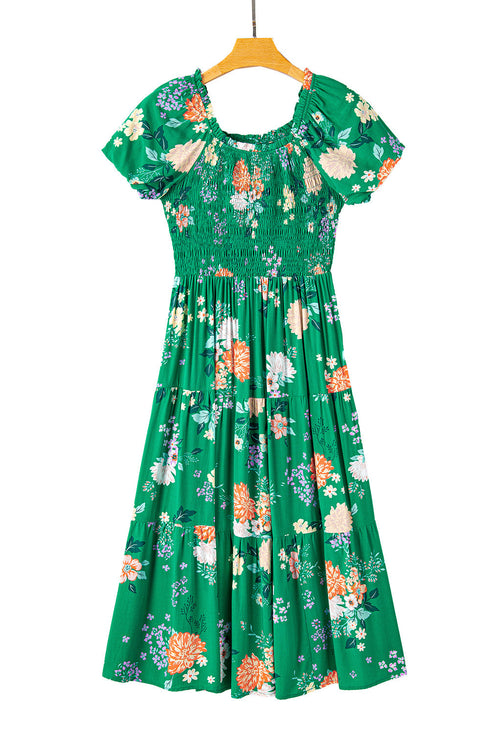 Floral Smocked Bodice Puff Sleeve Tiered Midi Dress