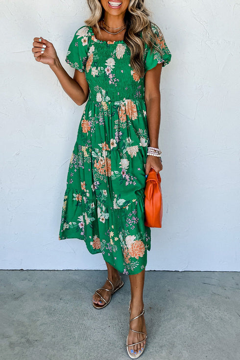 Floral Smocked Bodice Puff Sleeve Tiered Midi Dress