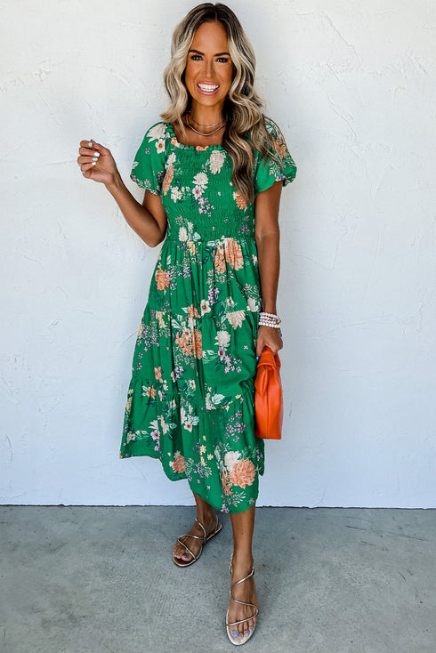 Floral Smocked Bodice Puff Sleeve Tiered Midi Dress