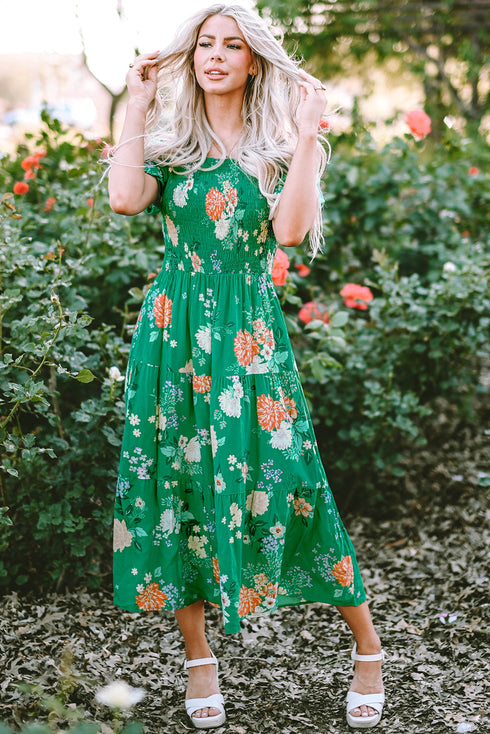 Floral Smocked Bodice Puff Sleeve Tiered Midi Dress