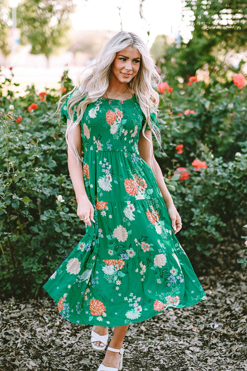 Floral Smocked Bodice Puff Sleeve Tiered Midi Dress