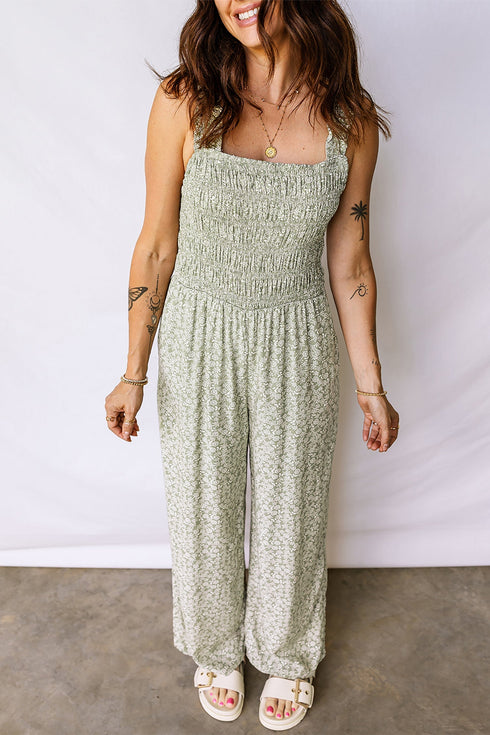Floral Smocked Bodice Square Neck Wide Leg Jumpsuit