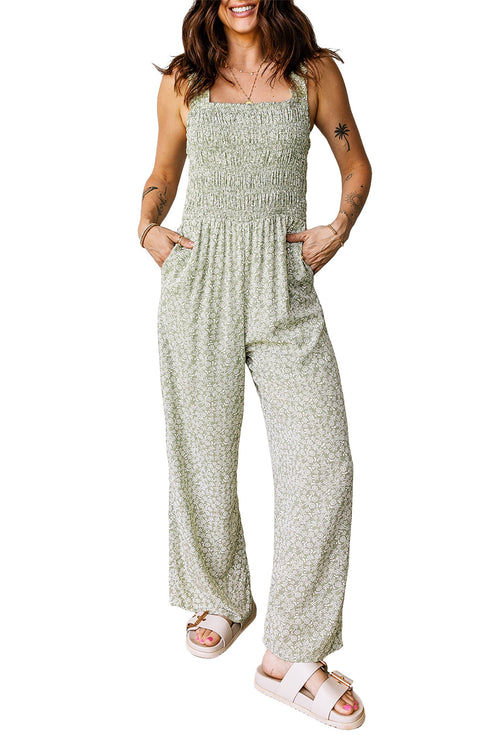 Floral Smocked Bodice Square Neck Wide Leg Jumpsuit