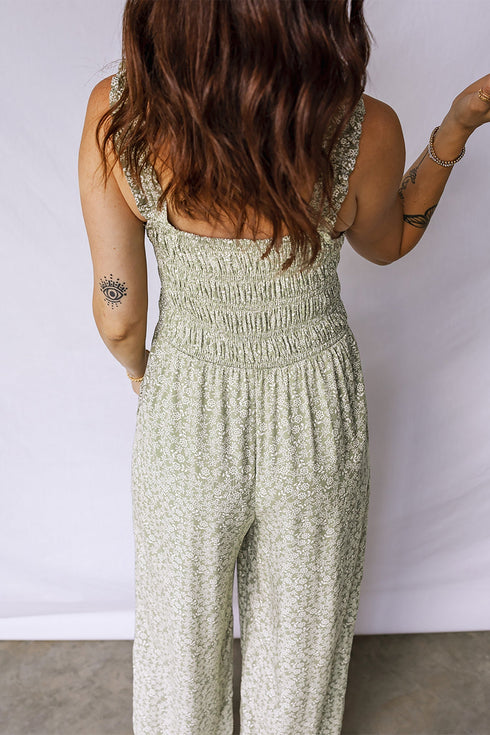 Floral Smocked Bodice Square Neck Wide Leg Jumpsuit