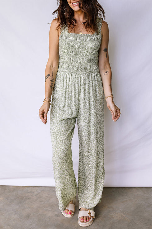 Floral Smocked Bodice Square Neck Wide Leg Jumpsuit