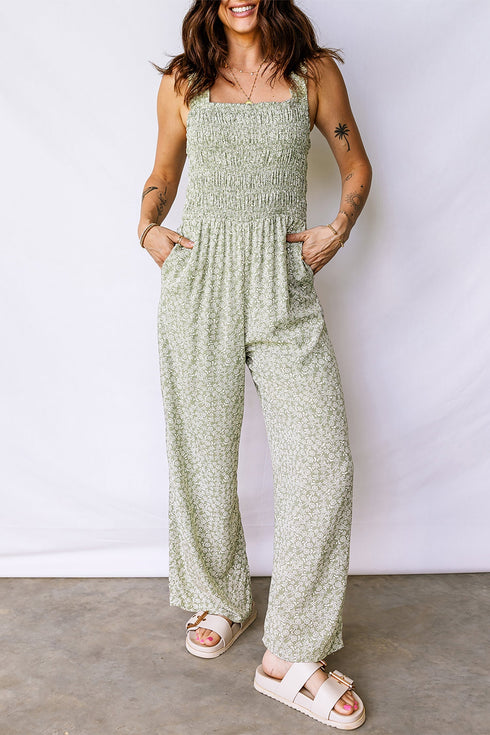 Floral Smocked Bodice Square Neck Wide Leg Jumpsuit