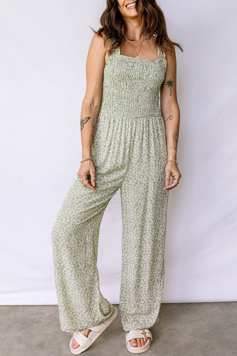 Floral Smocked Bodice Square Neck Wide Leg Jumpsuit