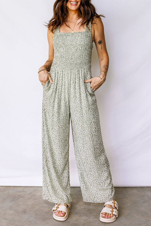 Floral Smocked Bodice Square Neck Wide Leg Jumpsuit
