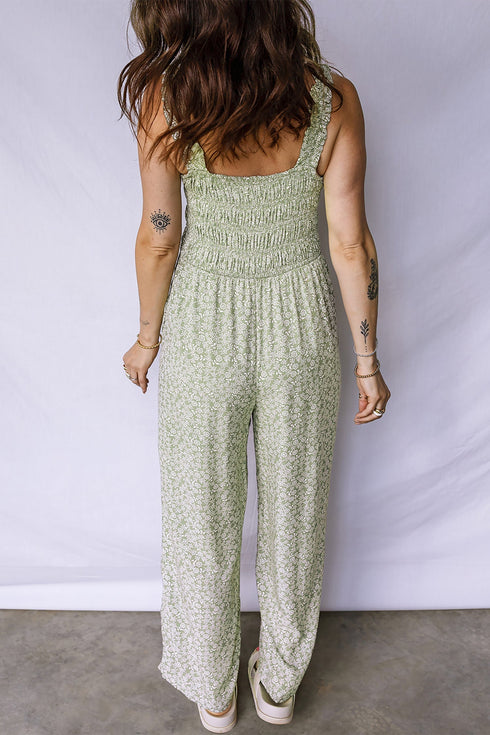 Floral Smocked Bodice Square Neck Wide Leg Jumpsuit