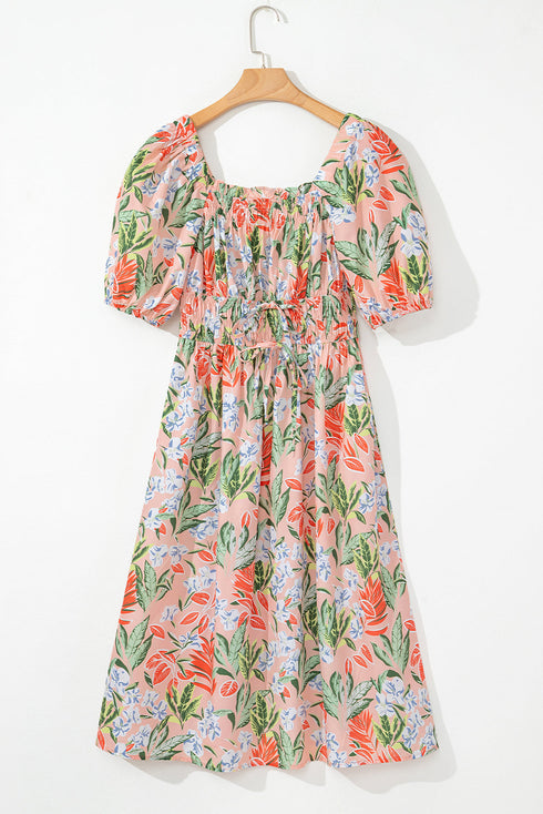 Floral Smocked Bust Bubble Short Sleeve Maxi Dress