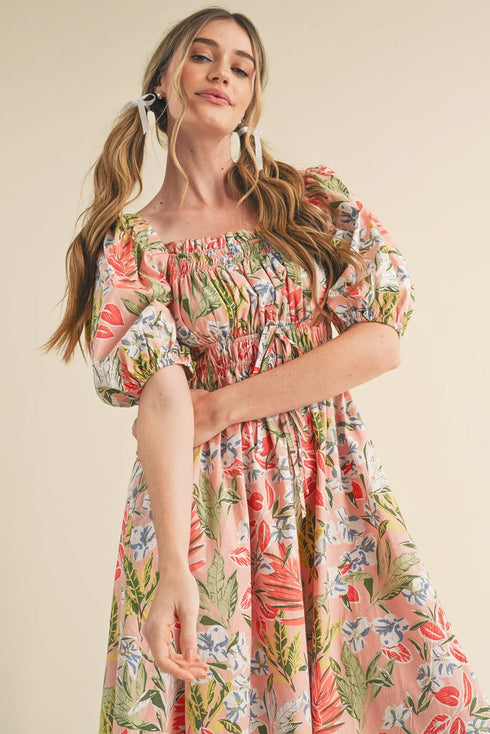 Floral Smocked Bust Bubble Short Sleeve Maxi Dress