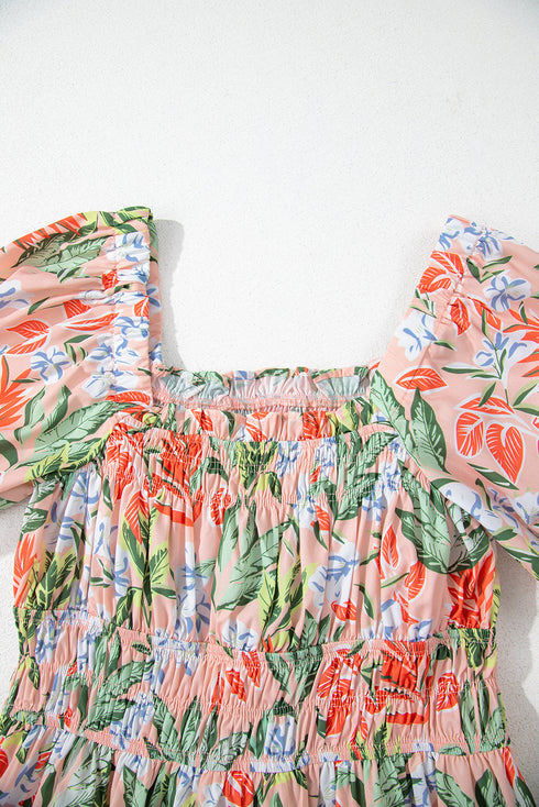 Floral Smocked Bust Bubble Short Sleeve Maxi Dress