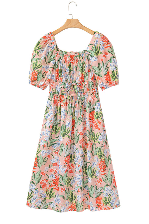 Floral Smocked Bust Bubble Short Sleeve Maxi Dress