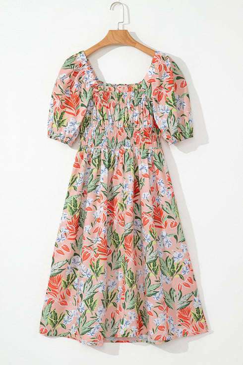 Floral Smocked Bust Bubble Short Sleeve Maxi Dress
