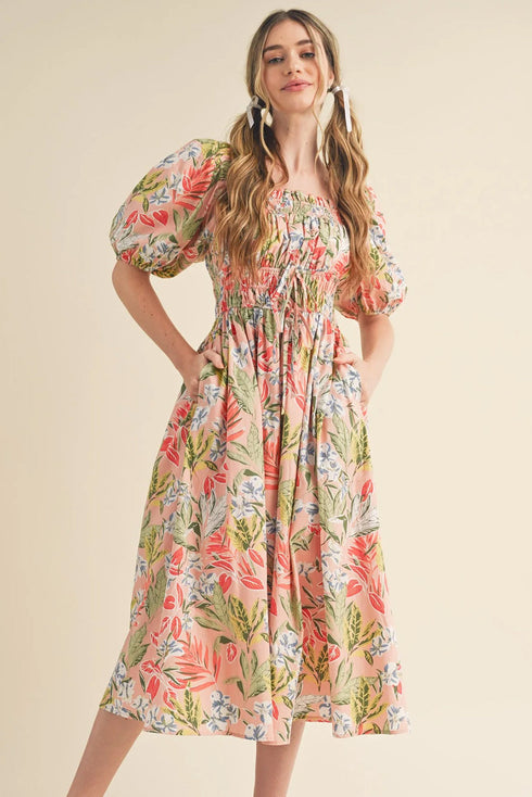 Floral Smocked Bust Bubble Short Sleeve Maxi Dress
