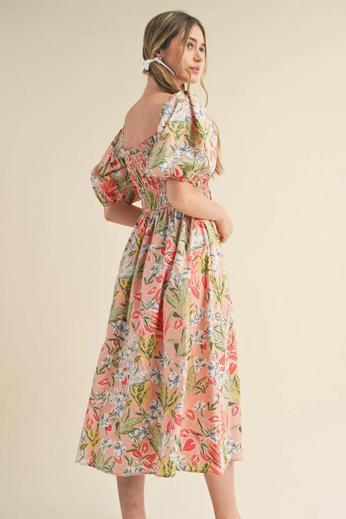 Floral Smocked Bust Bubble Short Sleeve Maxi Dress