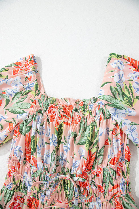 Floral Smocked Bust Bubble Short Sleeve Maxi Dress