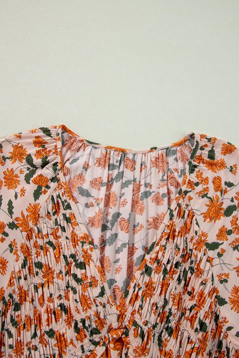 Floral Smocked Bust Bubble Sleeve Babydoll Mini Dress