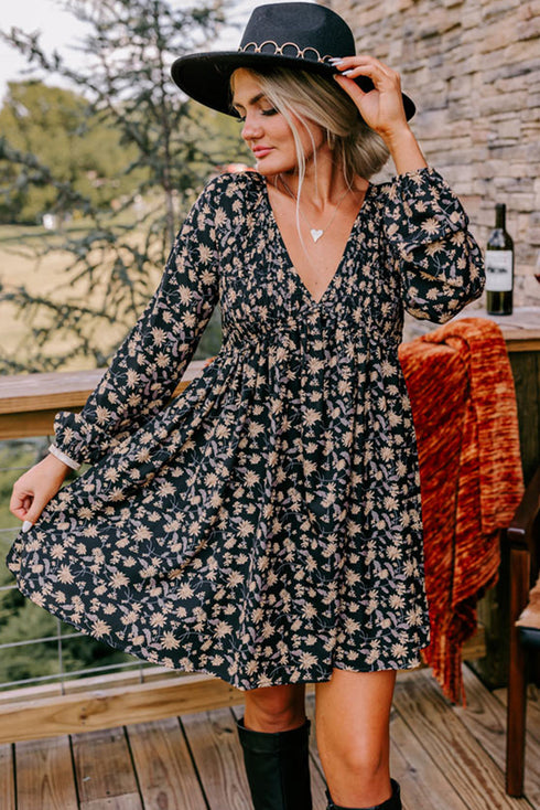 Floral Smocked Bust Bubble Sleeve Babydoll Mini Dress