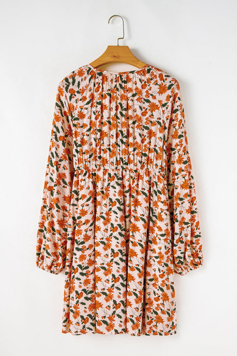 Floral Smocked Bust Bubble Sleeve Babydoll Mini Dress