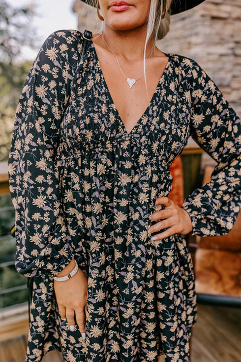 Floral Smocked Bust Bubble Sleeve Babydoll Mini Dress