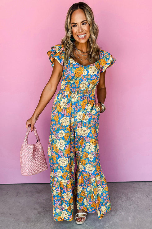 Floral Smocked Cut Out Ruffle Sleeve Wide Leg Jumpsuit