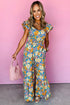 Floral Smocked Cut Out Ruffle Sleeve Wide Leg Jumpsuit