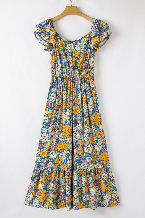 Floral Smocked Cut Out Ruffle Sleeve Wide Leg Jumpsuit