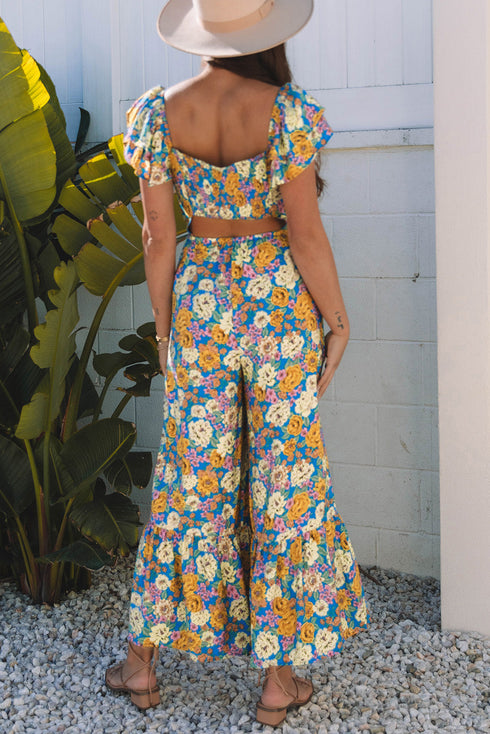 Floral Smocked Cut Out Ruffle Sleeve Wide Leg Jumpsuit
