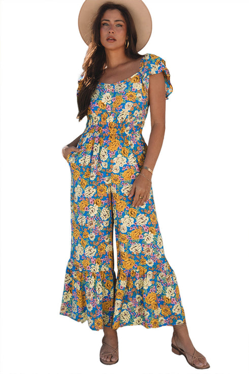 Floral Smocked Cut Out Ruffle Sleeve Wide Leg Jumpsuit