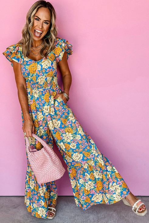 Floral Smocked Cut Out Ruffle Sleeve Wide Leg Jumpsuit