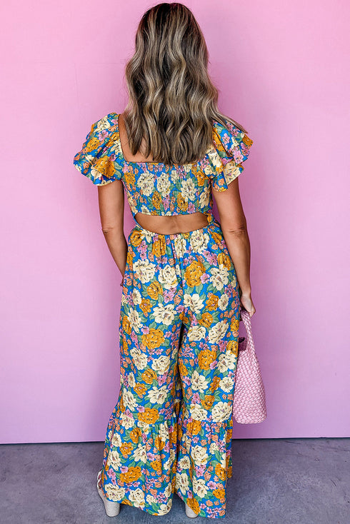Floral Smocked Cut Out Ruffle Sleeve Wide Leg Jumpsuit