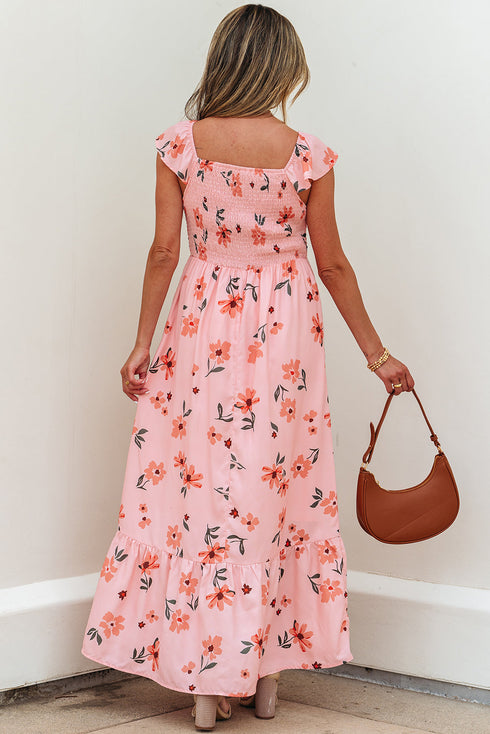 Floral Smocked High Waist Ruffle Hem Maxi Dress