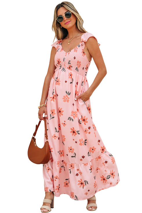 Floral Smocked High Waist Ruffle Hem Maxi Dress