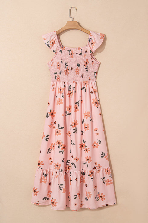 Floral Smocked High Waist Ruffle Hem Maxi Dress