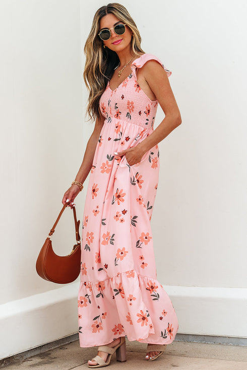 Floral Smocked High Waist Ruffle Hem Maxi Dress