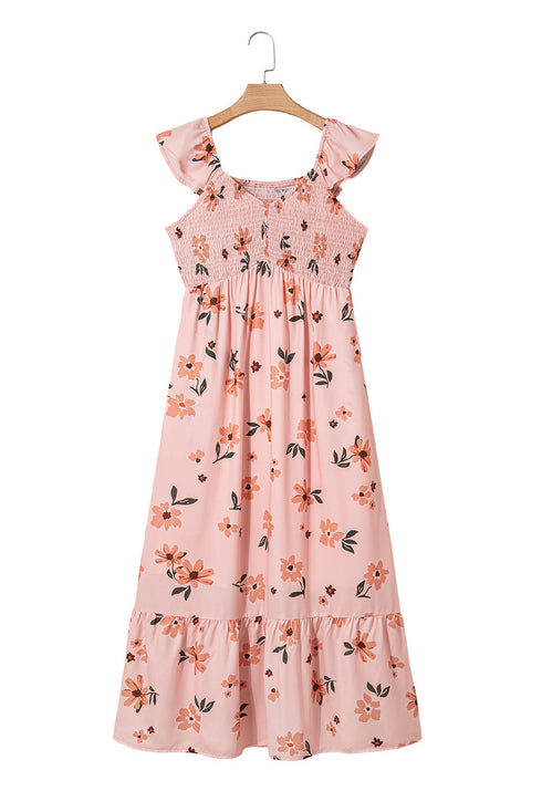 Floral Smocked High Waist Ruffle Hem Maxi Dress