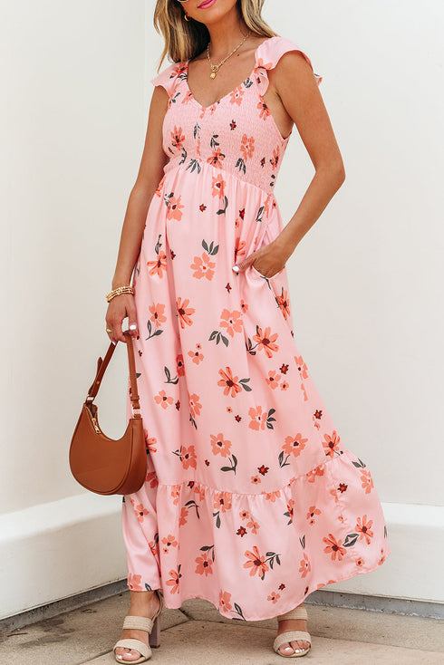 Floral Smocked High Waist Ruffle Hem Maxi Dress
