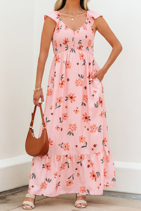 Floral Smocked High Waist Ruffle Hem Maxi Dress