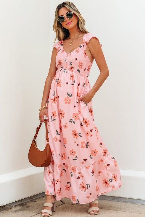 Floral Smocked High Waist Ruffle Hem Maxi Dress