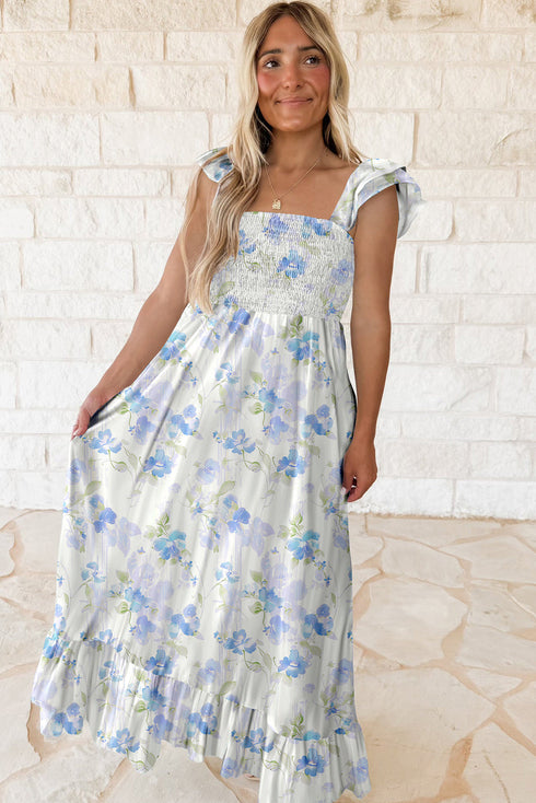 Floral Smocked High Waist Ruffle Tiered Sleeveless Maxi Dress
