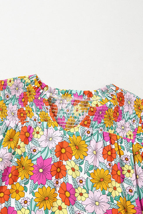Floral Smocked Notch V Neck Flutter Sleeve Mini Dress