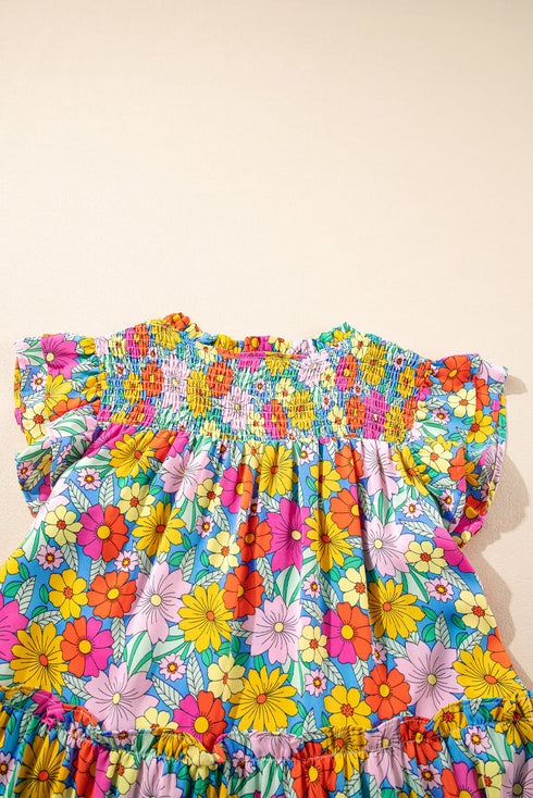 Floral Smocked Notch V Neck Flutter Sleeve Mini Dress