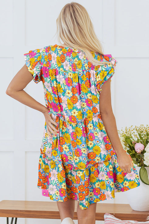 Floral Smocked Notch V Neck Flutter Sleeve Mini Dress