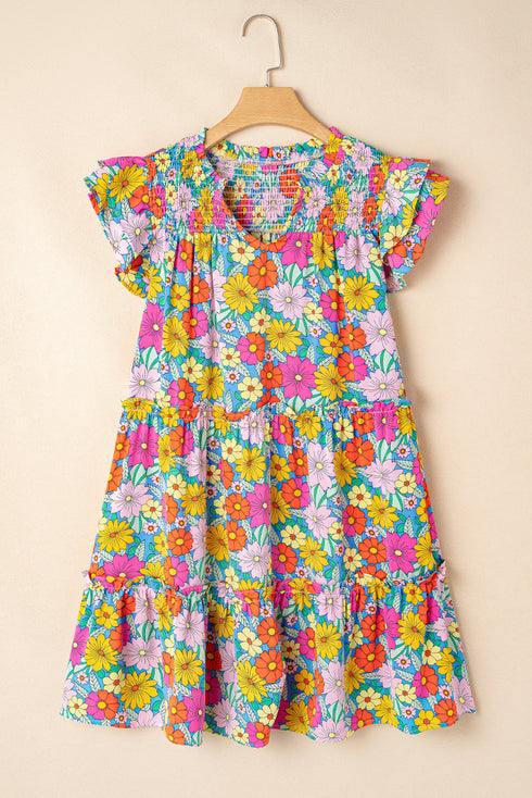 Floral Smocked Notch V Neck Flutter Sleeve Mini Dress