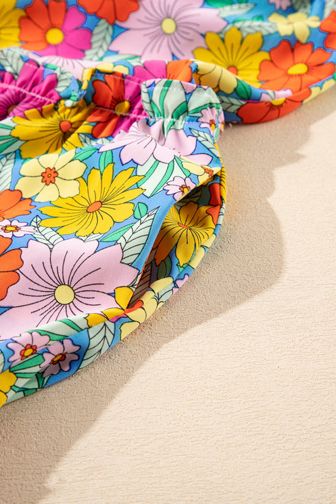 Floral Smocked Notch V Neck Flutter Sleeve Mini Dress